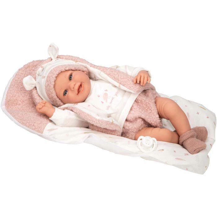 Muñeco bebé realista - Arias - Colin - 40 cm - Rosa y Blanco - Cojín a juego - Peso realista - Vinilo suave