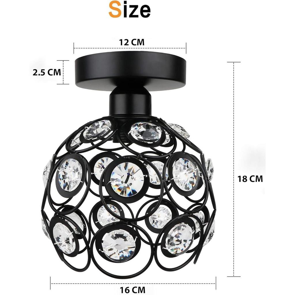 Taklampa i metall med dubbla ringar och kristaller, för hallbelysning, infälld taklampa (Dubbelring Svart)