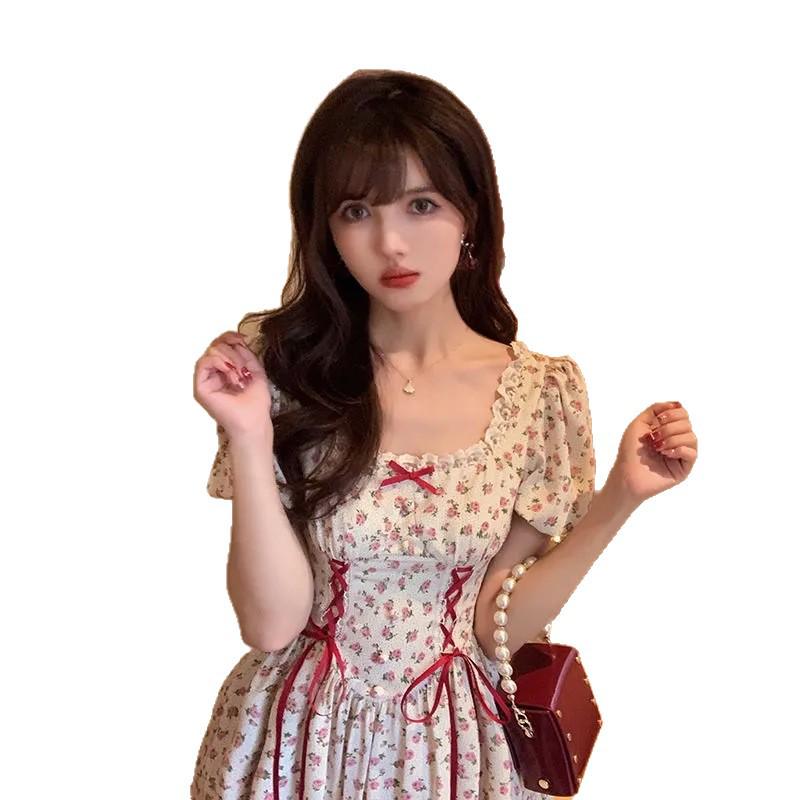 2026 Summer Floral Puff Sleeve Dress with Bow Tie & Lace Ruffle