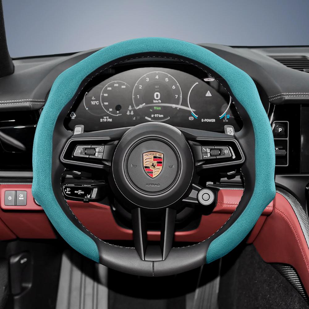 Suitable for Porsche Premium Suede Snap-On Steering Wheel Cover, Non-Slip and Durable Cayenne 996 Macan 957 Volante Boxster 986 718 Alcantara Turbo
