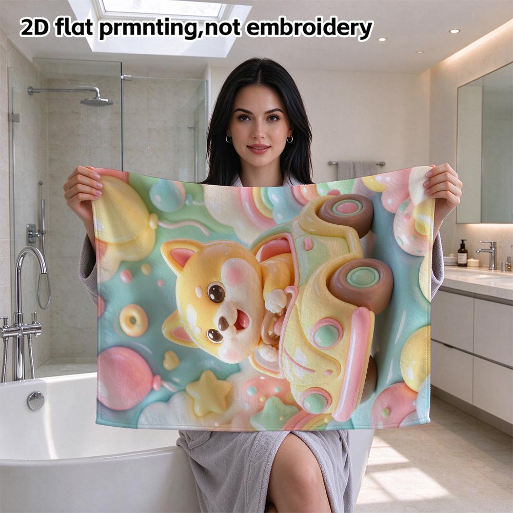 Cartoon Shiba Inu Driving Car Towel, Soft Absorbent Quick Dry Bath Towel, Cute Decor Hand Towel