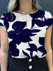 Elegant European-American Style Round Neck Printed Summer Top - Women's Short Sleeve High-End Shirt