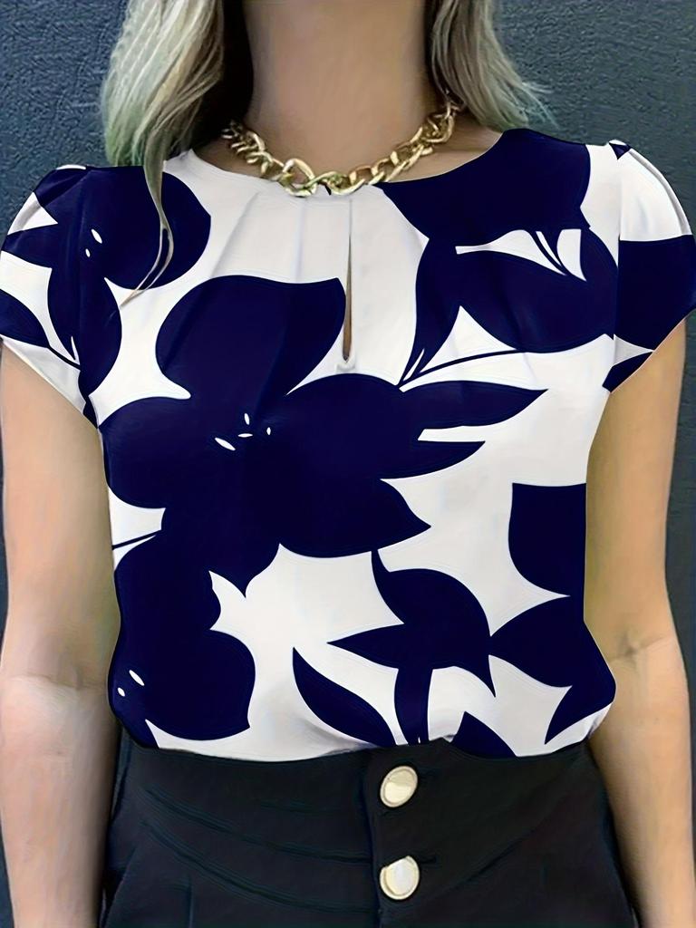 Elegant European-American Style Round Neck Printed Summer Top - Women's Short Sleeve High-End Shirt