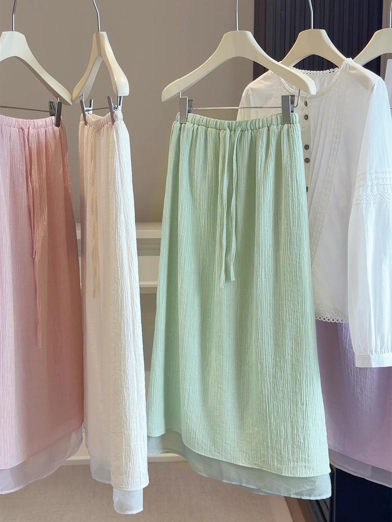 Korean Textured High-Waisted Drawstring Skirt with Mesh Hem and Back Slit for Women