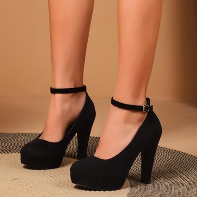 Frühling Damen Pumps Flock Süße Dicke Hohe Absätze Knöchelriemen Weibliche Plateau Klassische Runde Zehe Kleid Niedliche Schuhe Damen Schuhwerk