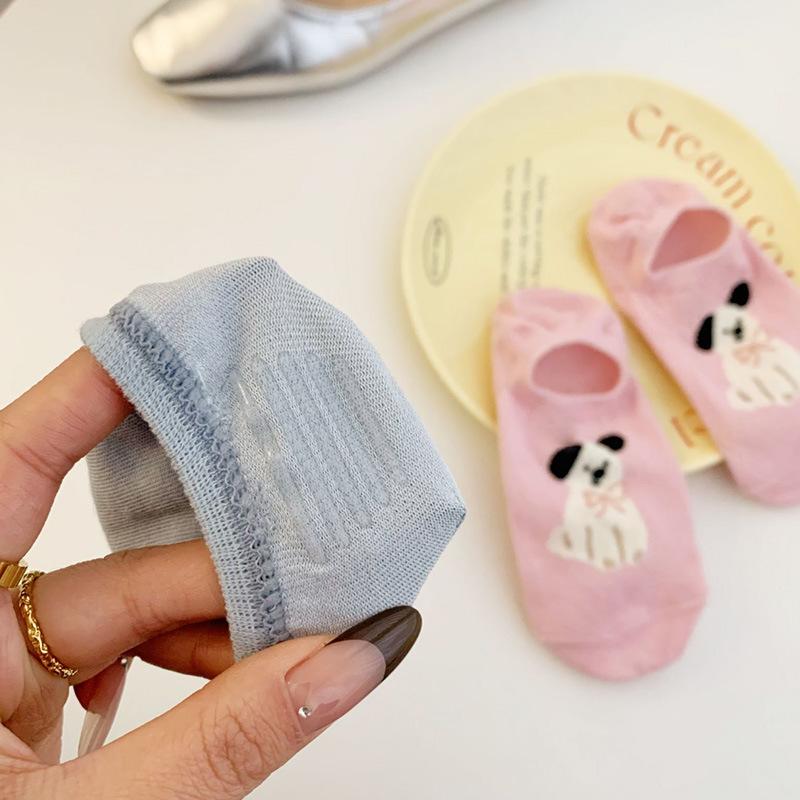 Spring and Summer Thin Boat Socks for Women, Cartoon Animal Silicone Invisible Socks for Dogs, Short, Shallow and Non-falling Heel Women's Socks