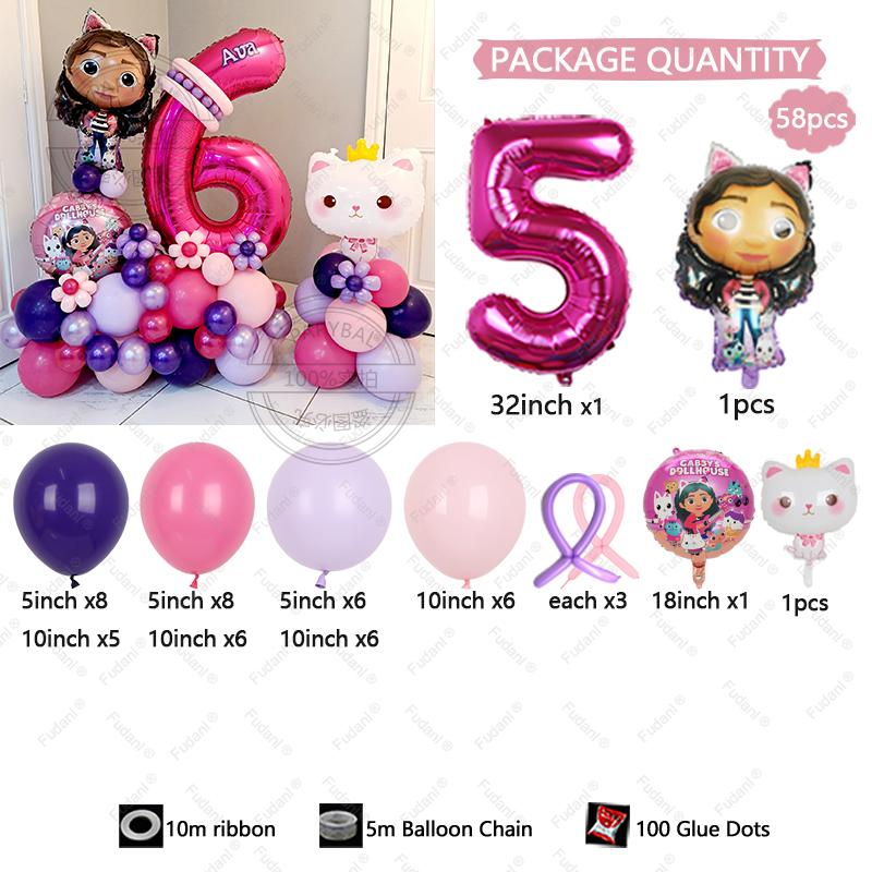 58pcs Cute Gabby Dollhouse Cats Theme Balloon Children's Birthday Party Decoration Latex Foil Ball Girl Gabby's Doll Balloon Toy