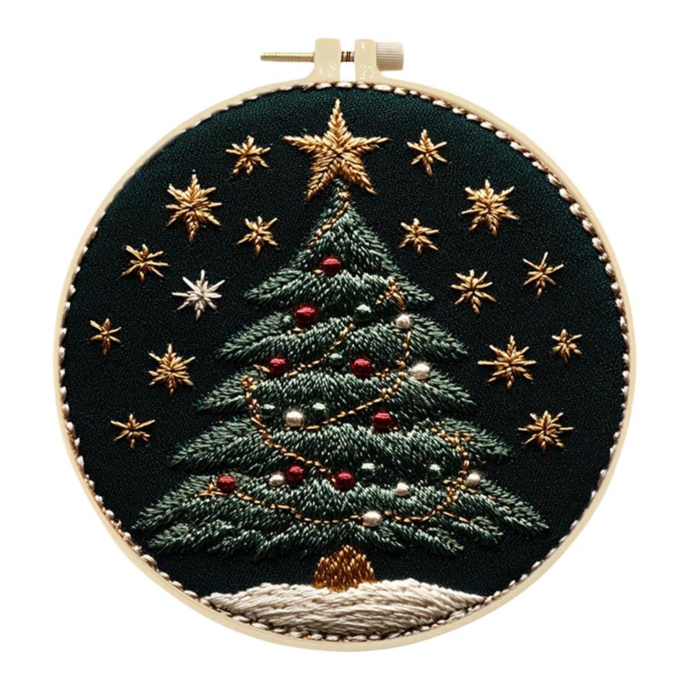 Christmas Tree Stamped Cross Stitch Embroidery Kits with Hoop Cloth Color Thread