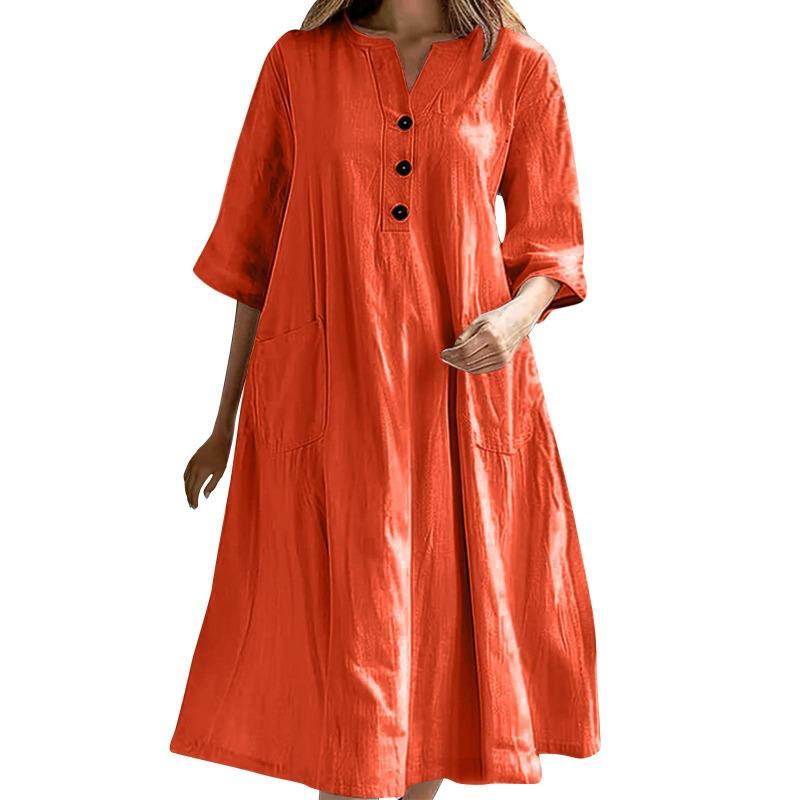 Women's Three-button Pocket Dress Women's Mid-length V-neck Half-sleeved