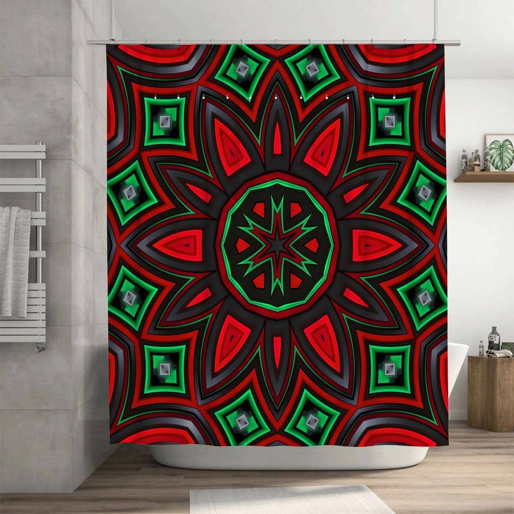 Decorative Bath Shower Curtain with Kaleidoscope Design In Green, Red Black Modern Flower Pattern for Bathroom Decoration