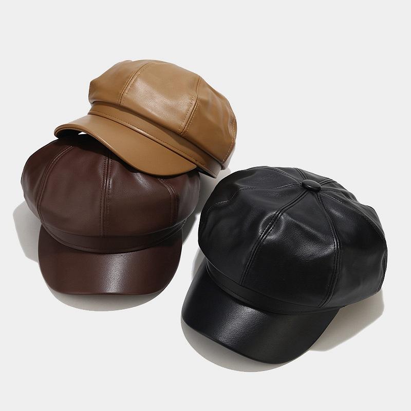 Retro Fashion Ladies' PU Leather Octagonal Hat Versatile Temperament Circumference Korean Streetwear Accessory crochet beret cap