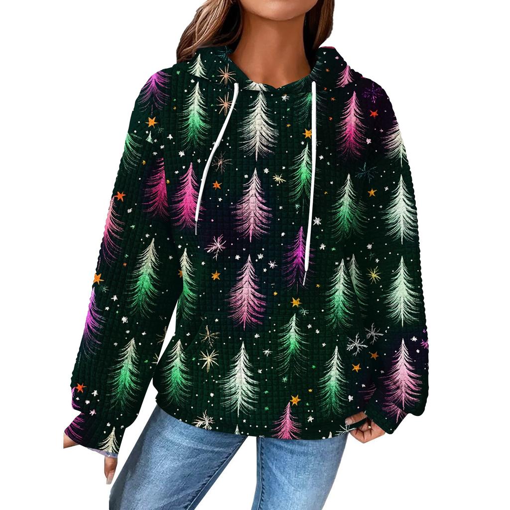 Dammode Lös Pullover med Huva Långärmad Rutig Sweatshirt med Dragsko, Nedhasad Axel, Ficka, Jultryck Topp
