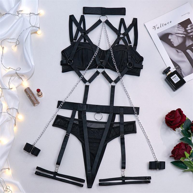 GZW Sexy Lingerie Seductive Role-playing BDSM Bra Garter Thong Neck Ring Set Erotic Underwear for Women Ladies Adult