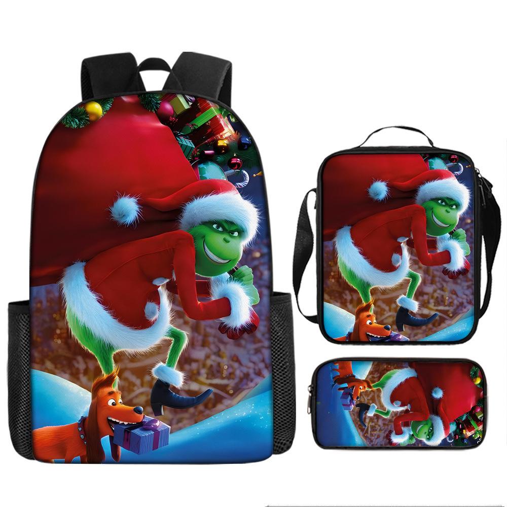 Green Hair Grinch Grinch School Bag Cartoon Backpack Three-Piece Set Satchel Pencil Case