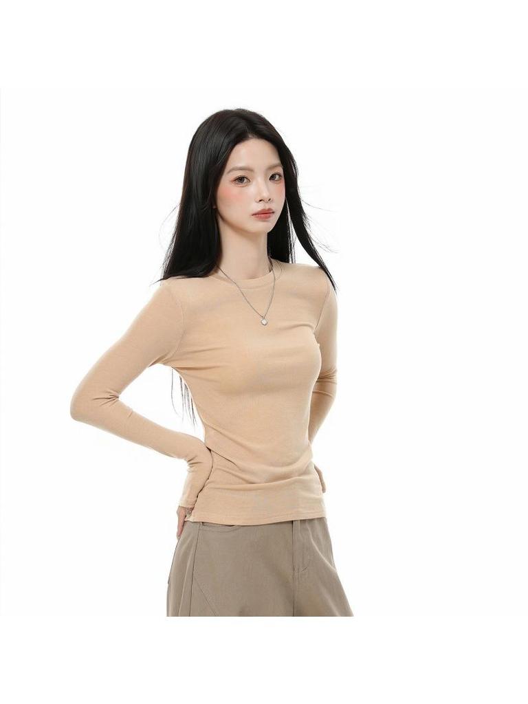 Women's Gray Slim-Fit Long-Sleeve T-Shirt: Korean Style, Autumn/Winter Base Layer