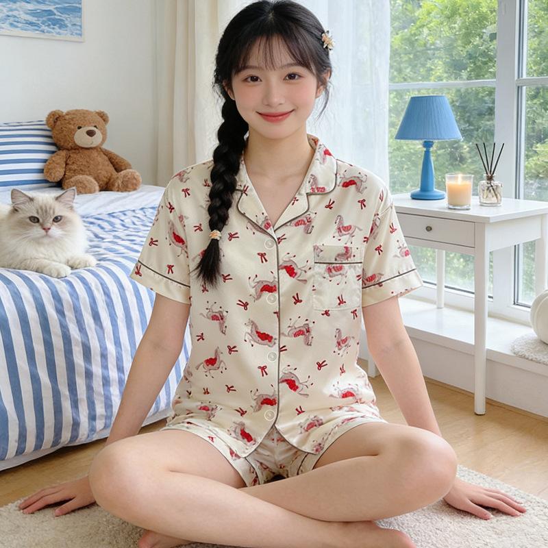 Sweetheart Girl Wind Ice Silk Pajamas Short-Sleeved Set Summer Thin Silk Texture Cardigan Loungewear Can Be Worn Outside