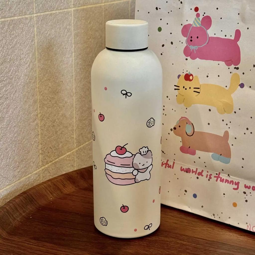 Cute Cake Cat Stainless Steel Insulated Cup, High Aesthetic Design, Portable Small Mouth Bottle for Women Keep Hot & Cold Drinks