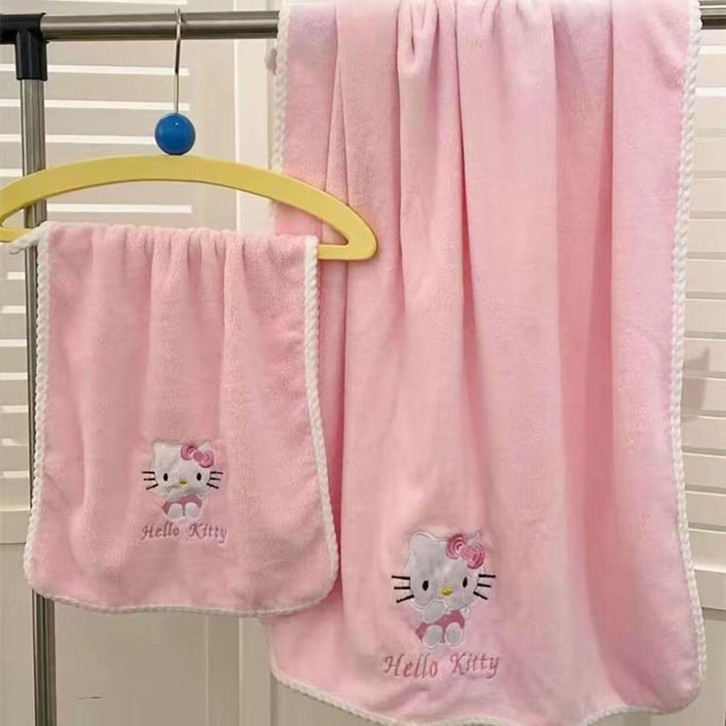 Cartoon Cute KT Cat Coral Fleece Bath Towel Set - Soft, Absorbent Towels for Face and Bath