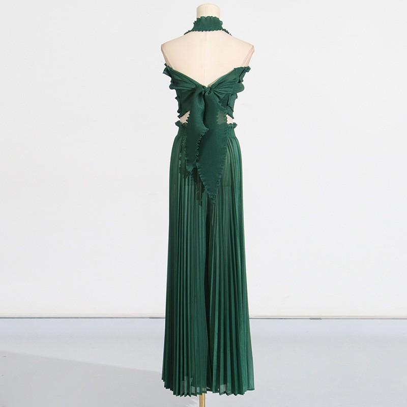 Fashionable Sexy Pleated Suit Women's Neck Ruffled Top With High-waisted Wide-leg Pants