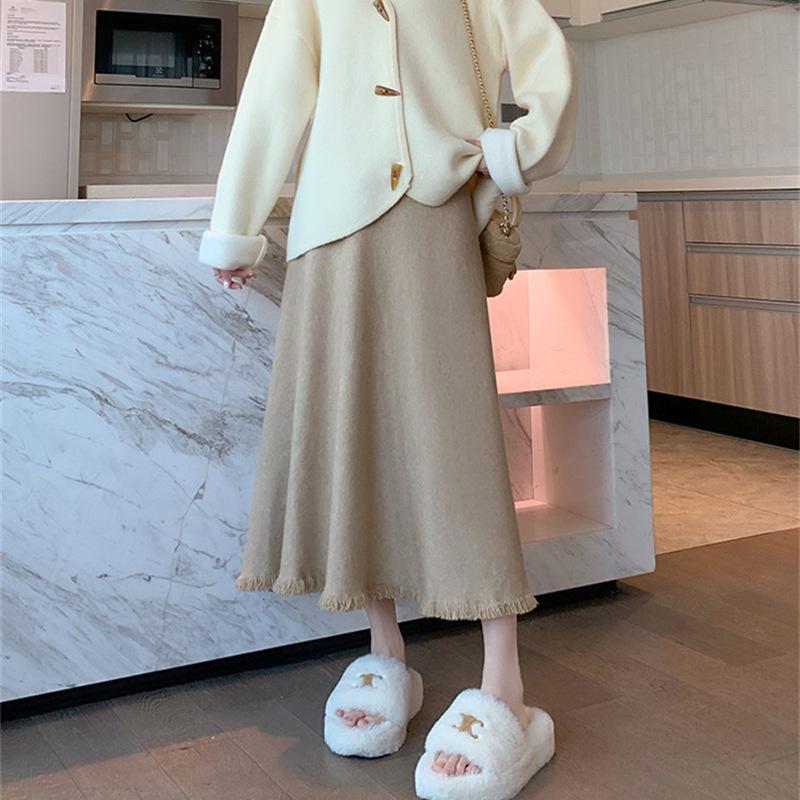 KANING Damen Quasten Wollstrick High Waist Midi Rock - Schlankmachend Unifarben für Herbst/Winter