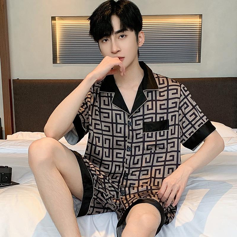 Conjunto de Pijama para Hombre Primavera Otoño Seda de Hielo Cárdigan de Manga Larga Ropa de Dormir de Satén para Exterior Masculino Ropa de Casa Verano