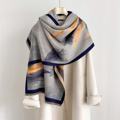 Winter Women Thickened Warm Scarf 65*185cm Tassel Pashmina Shawl Feather Print Imitation Cashmere Warps Autumn Coldproof Blanket