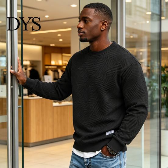 Mens Casual Crewneck Sweatshirt Men Sweatshirt, Soild Color Geometric Texture Ribbed Cuff Hem Loose Fit Pullover Shirt for Office Street Daily