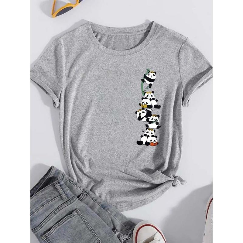 Cute Panda Pure Cotton Printed Unisexs and Womens Loose Casual Short Sleeved New Personalized Fashion Trend Round Neck Tshirt