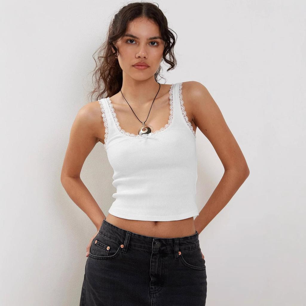 Women's Lace Trim Bow Detail Ribbed Tank Top Y2K Slim Fit Sleeveless Camisole Basic Cami Top