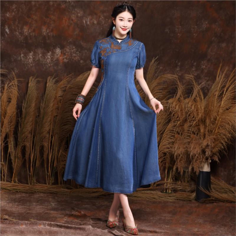 Johnature Chinese Style Cheongsam Vintage Casual Dress Summer Women Embroidery Short Sleeves Collar Dress