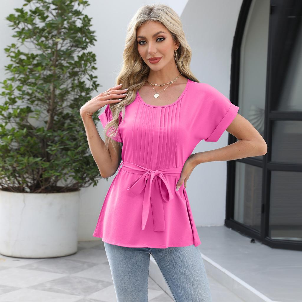 European and American Fashion Spring and Summer Casual Shirt Ruffled Round Neck Women's Short-sleeved Top