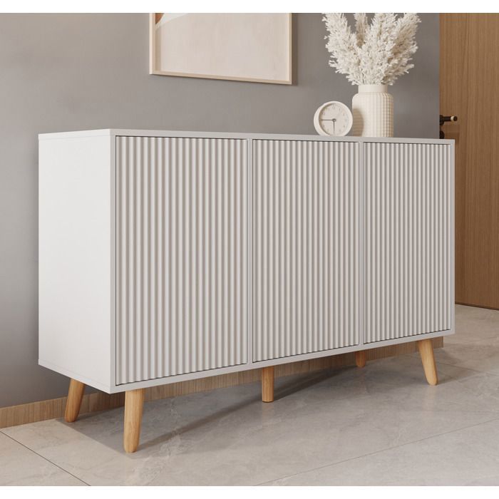 Buffet Enfilade RENZO - Design 3D Strié - 3 Portes Push-to-Open - L 120 Cm - Blanc Mat - Pieds 15 Cm - Style Scandinave