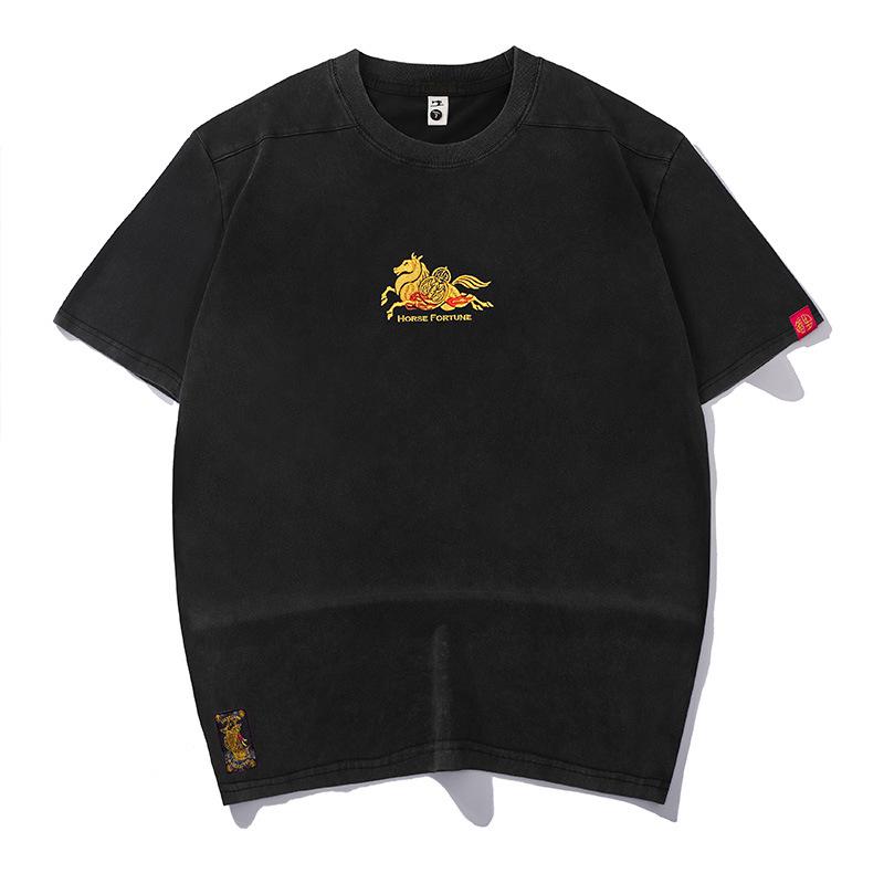 Cross-border Year of the Horse National Tide Embroidered Round Neck Short Sleeve Trendy Heavyweight Loose Fit Chinese Style Men's Spring-Summer Tee