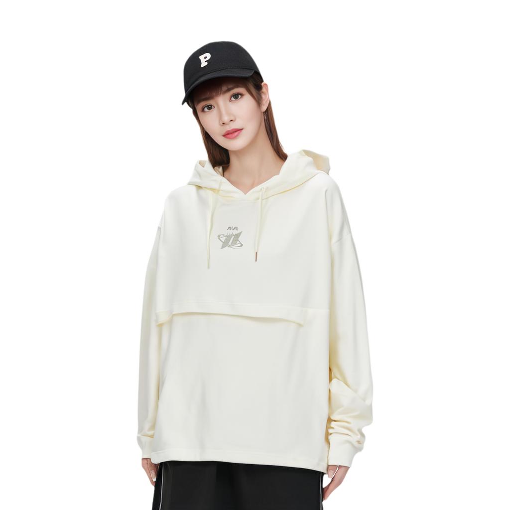 Li Ning Reignite Embroidered Letter Print Loose Pullover Hoodie Women hoodies Off-White AWDU326-3