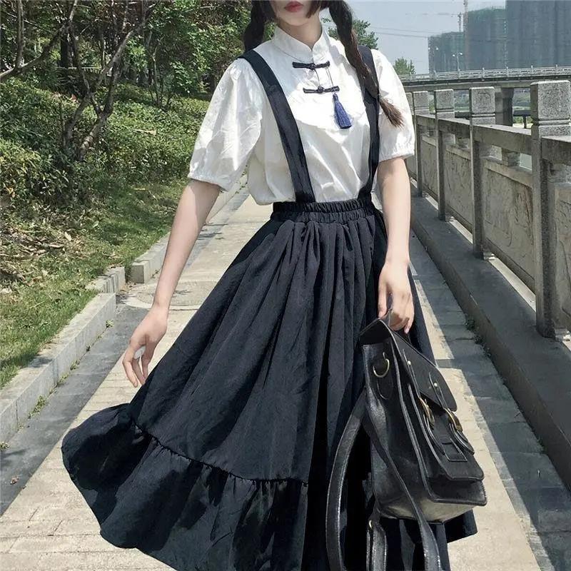 WTEMPO Girl's Sweet Preppy Style Strap Long Skirts Ruffles Loose Cute Student Casual Skirts Female Suspender Skirts