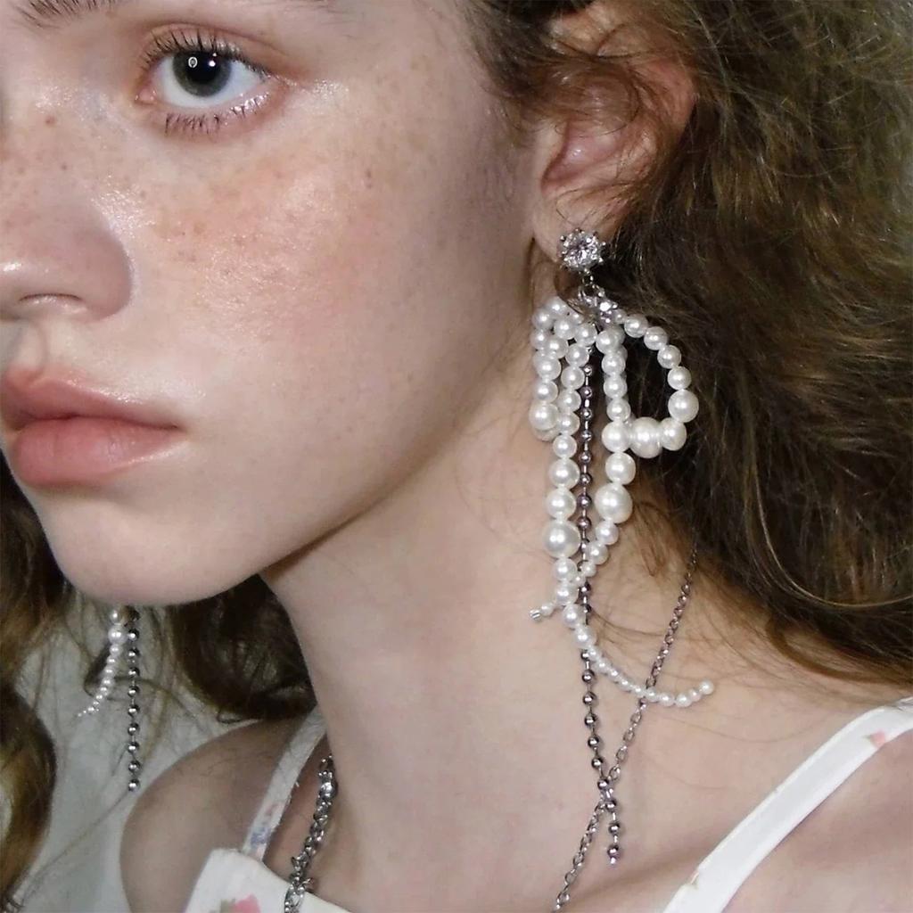 Sweet Dangle Earrings Elegant Pearl Bowknot Tassels Pendant Earrings Statement Jewelry Fashion Long Drop Earrings