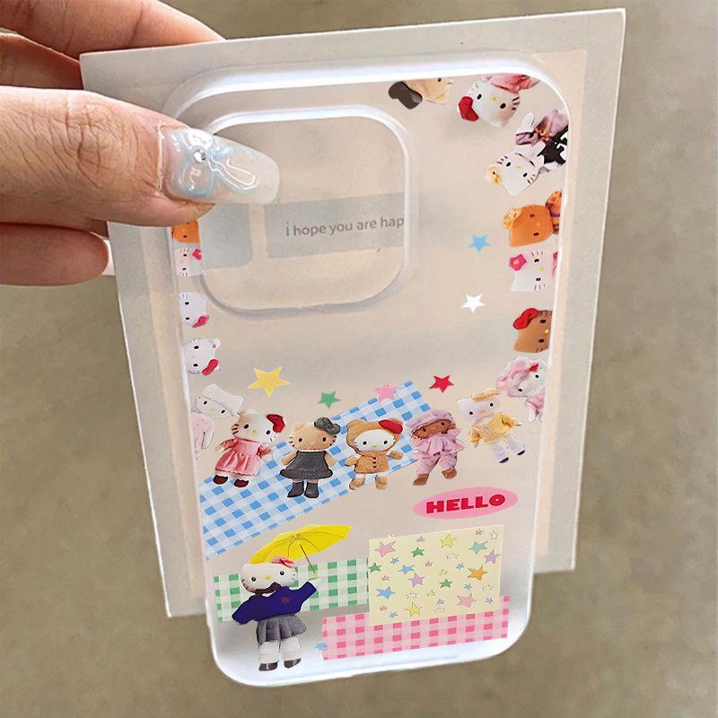 Bunte Karomuster Stern KT Katze Handyhülle für Apple 14/15, Transparent 16ProMax, Weich mit Kartenhalter