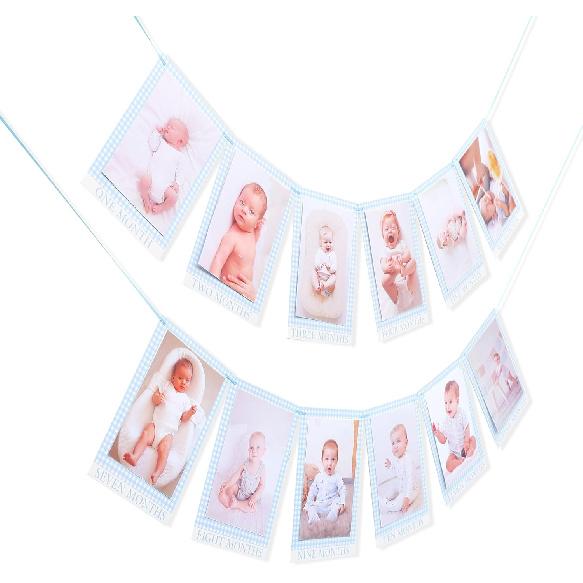 Newborn 1 To 12 Months Milestone Decorations - Simple Blue Monthly Banner, First Year Photos Hanging Banner, Boys One Birthday Decor (BLUE)
