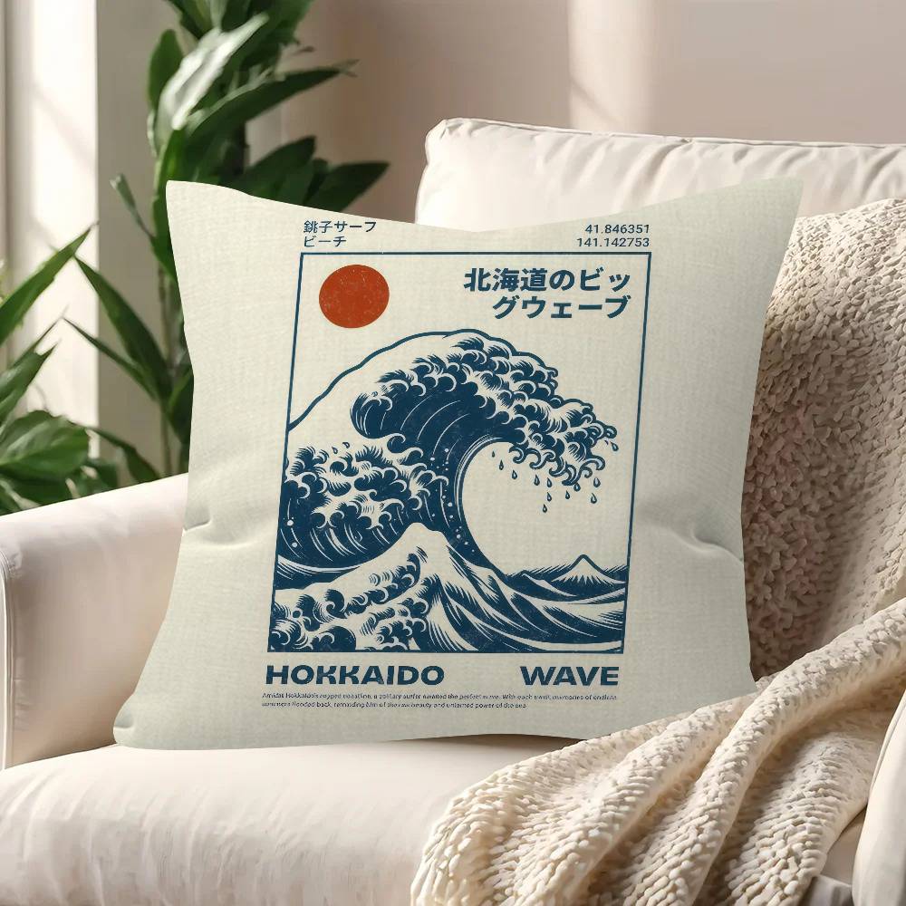 Vintage Hokusai Waves Cushion Cover Inches Farmhouse Decor Home Throw Pillow Covers For Couch Decorations