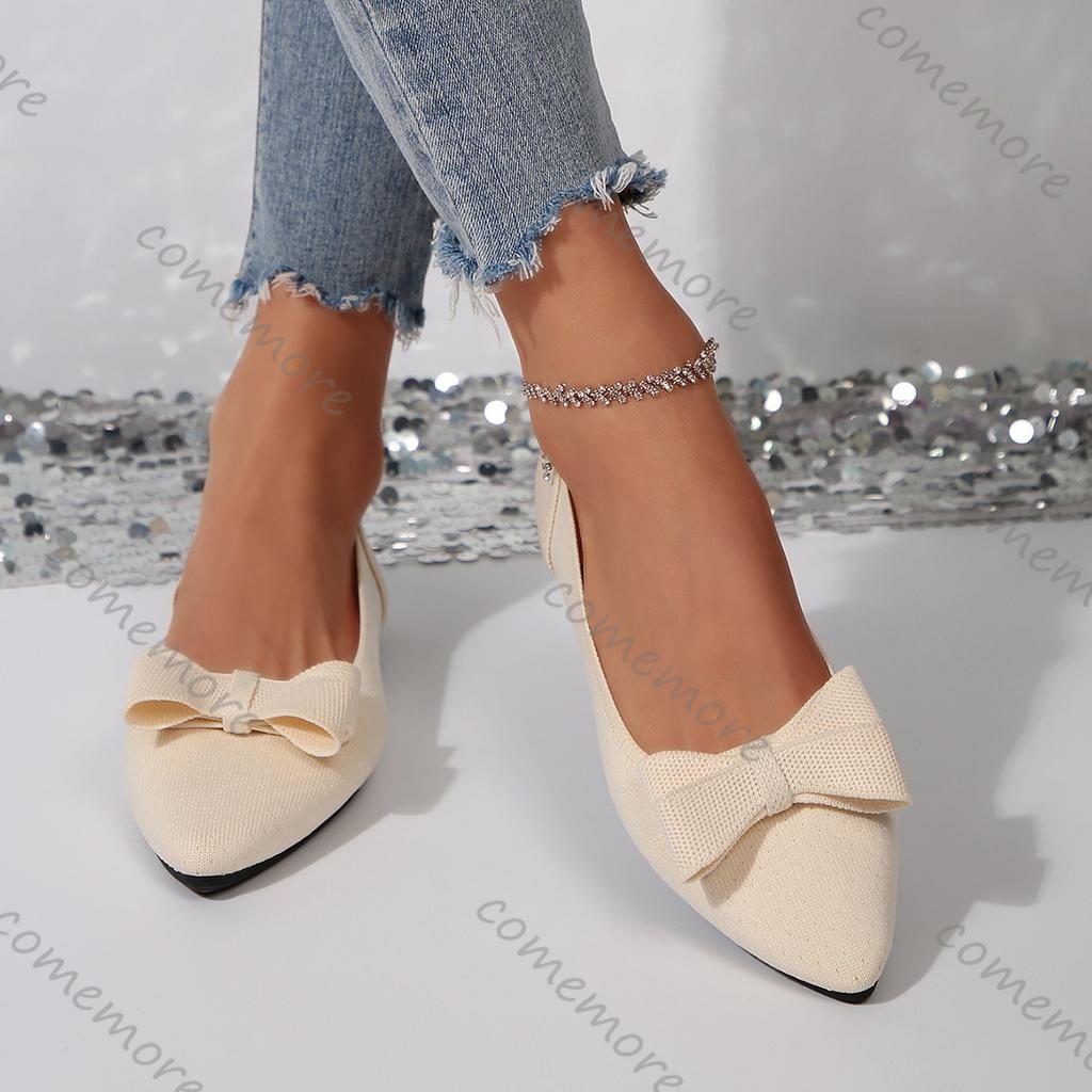 Fashion Comemore Bowknot Elastic Knit Flat Shoes for Women Slip on Casual Woman Spring Summer Flats Comfort Soft Sole Solid Loafers
