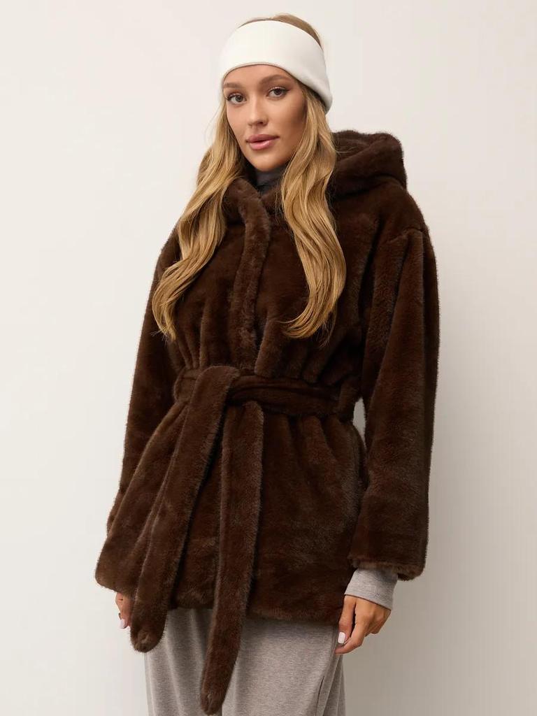 Women's Mid-Length Hooded Eco-Friendly Faux Mink Fur Coat with Belt