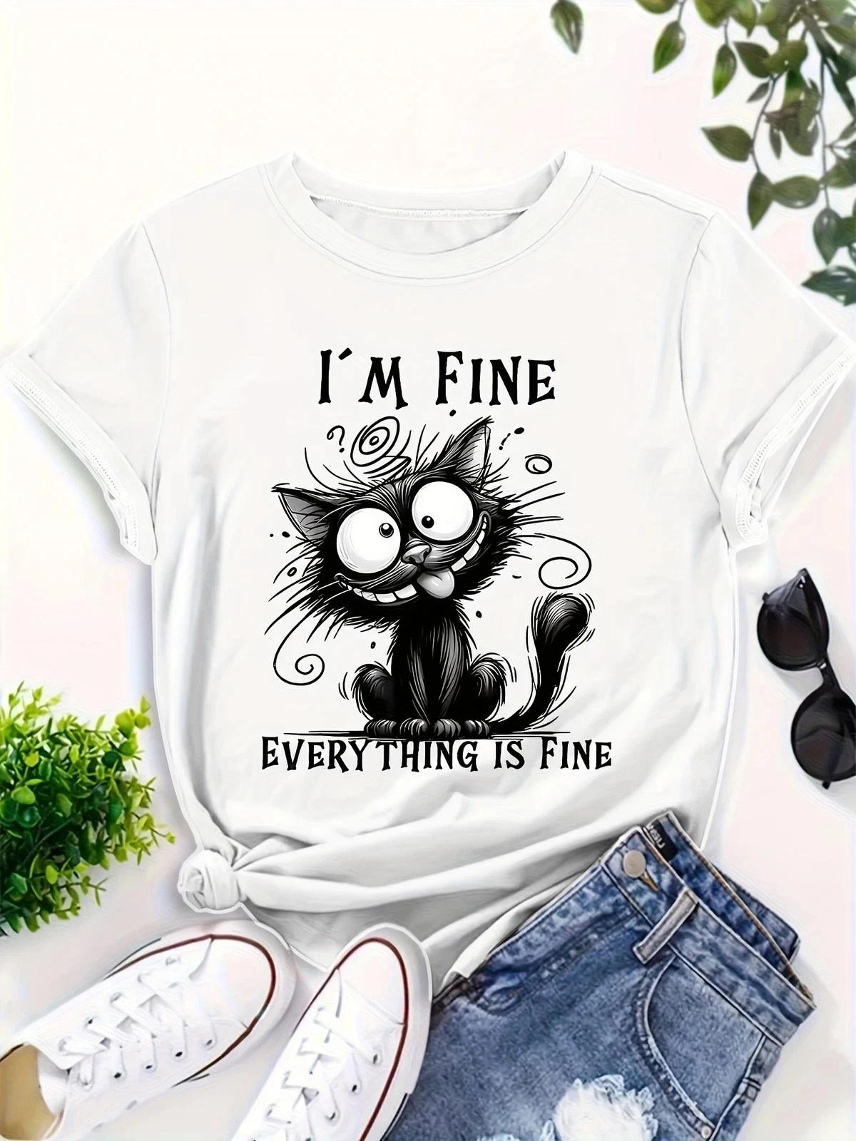 I m Fine Everything is Fine Cat T-Shirt | Funny Stressed Kitten Graphic Tee S