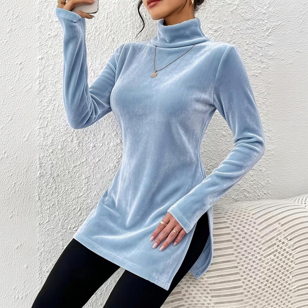 Women's Fashion Velvet Turtleneck Pullover Slim Fit with Side Slit Elegant Top for Everyday Wear