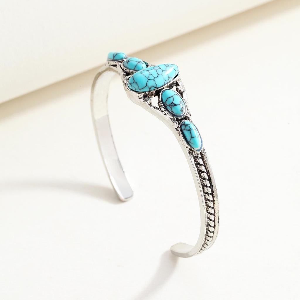 Bohemian Turquoise Carved Open Bangle Bracelet for Women