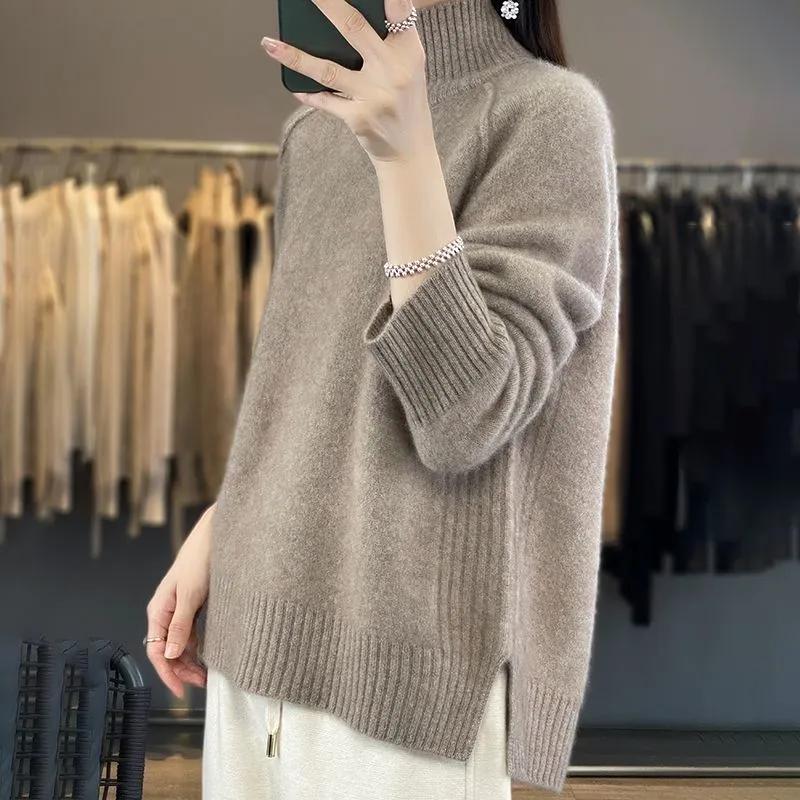 Autumn and Winter  Women's High-Necked Cashmere Sweater Soft Thickened Lazy Raglan Sweater with Slit  Pullover Loose Top