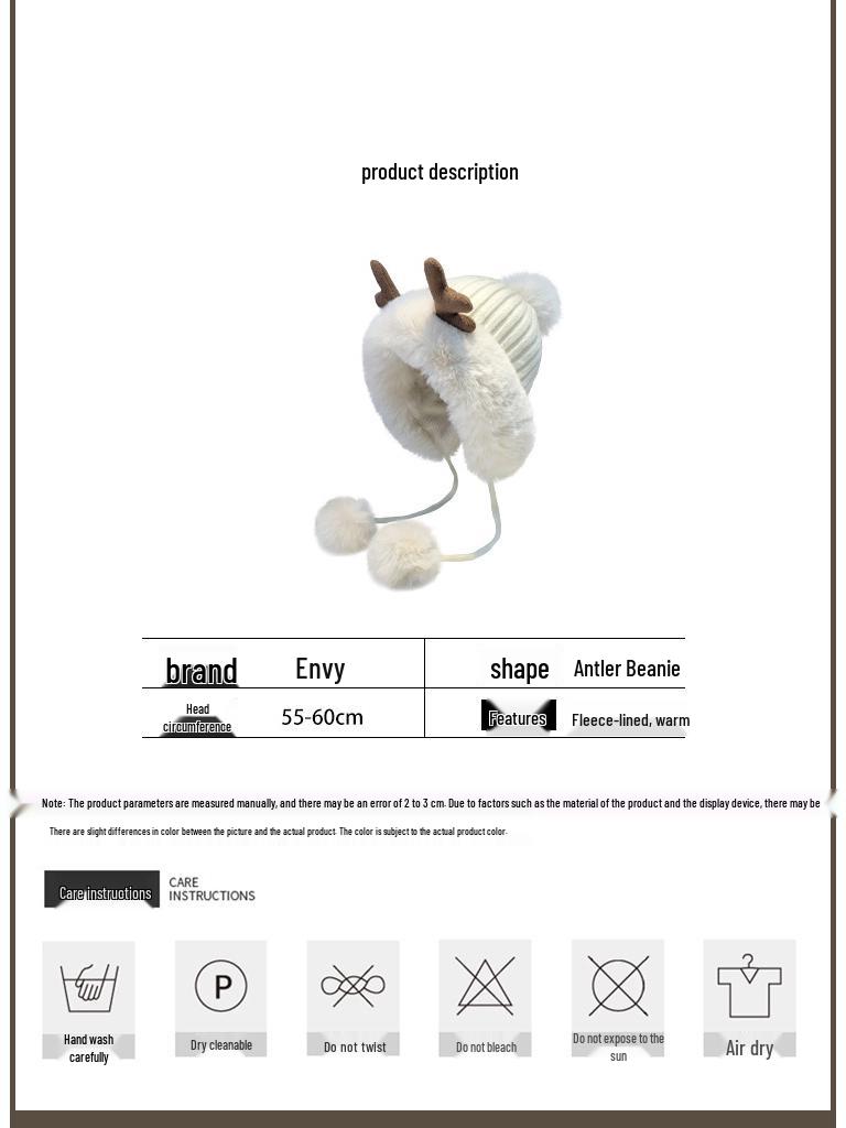 Women's Korean Style Plush Antler Pom-Pom Winter Hat with Ear Protection