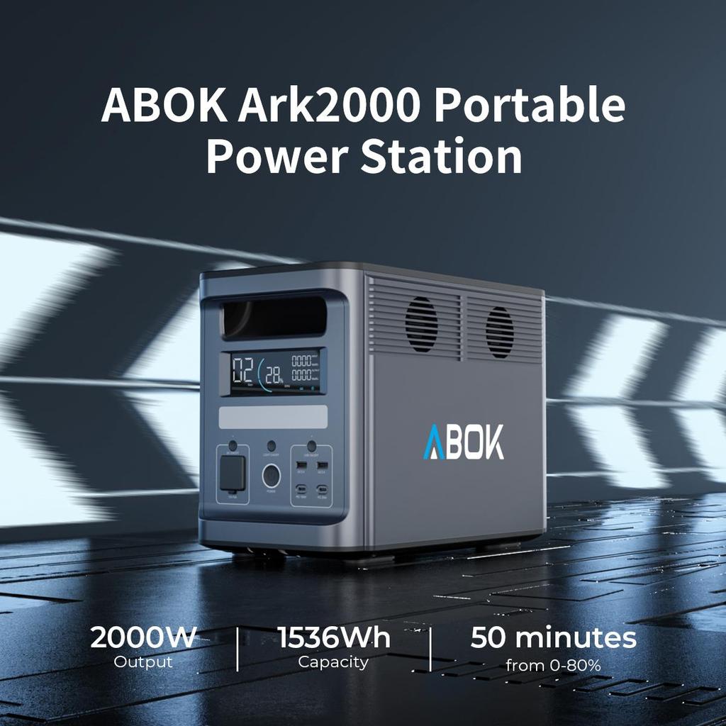 ABOK ark2000 Draagbaar Energie Station - 2000W Vermogen - 1536Wh LiFePO4 Batterij - 7 Uitgangspoorten - 1,5-2 uur Snel Opladen - Slimme App Bediening