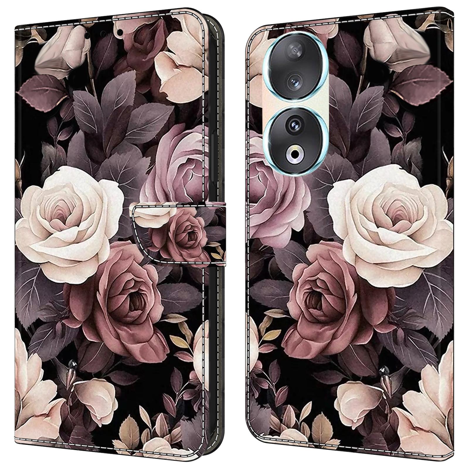

For Honor 90 Phone Case Pattern Print Magnetic Clasp Scratch-resistant Leather Cover Rose