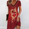 Summer Fashion Women's V Neck Short Sleeve Heart-shaped Pattern Printed  Dress Sex Short Skirt Dresses