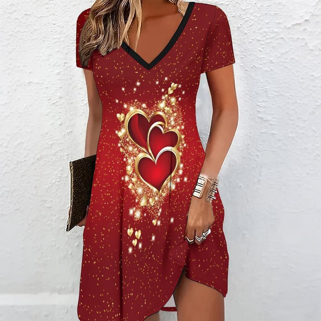 Summer Fashion Women's V Neck Short Sleeve Heart-shaped Pattern Printed Dress Sex Short Skirt Dresses